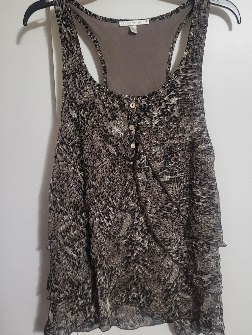 Sarah Spencer Black and Taupe Printed Ruffle Tank